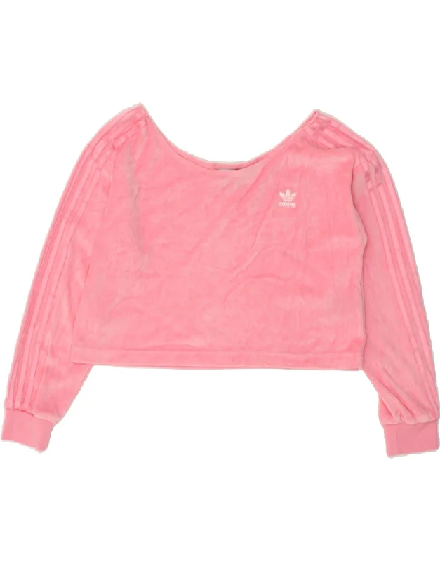 ADIDAS Womens Crop Sweatshirt Jumper UK 12 Medium Pink Flecked Cotton Hoodie with Mock Neck Collared Structured