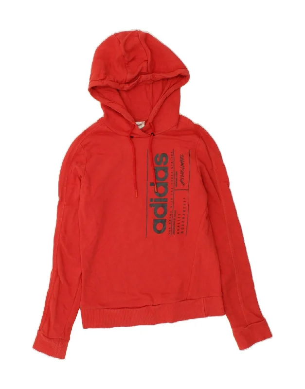 ADIDAS Womens Graphic Hoodie Jumper UK 8/10 Small Red Cotton Hoodie with Reflective Safety Nightwear