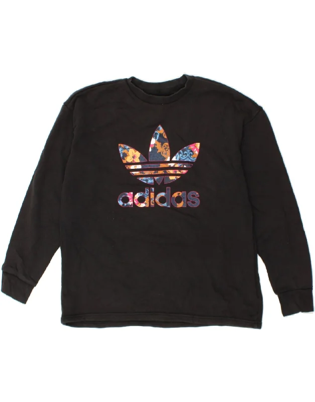 ADIDAS Womens Graphic Sweatshirt Jumper UK 12 Medium Black Cotton Hoodie with Longline Fit Extended Stylish