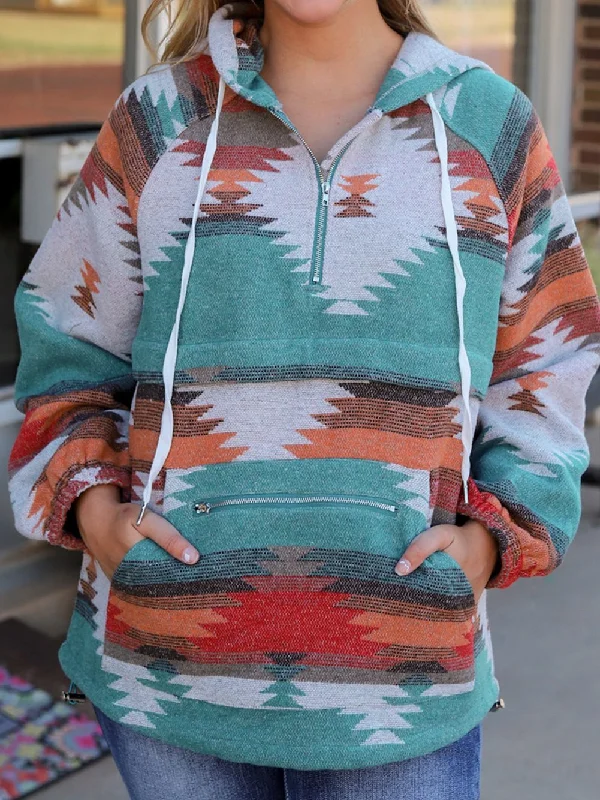 Aztec Print Hooded Sweatshirt Zip Hoodie Drawstring Kangaroo Pocket