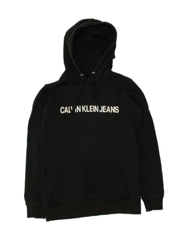 CALVIN KLEIN JEANS Mens Graphic Hoodie Jumper Medium Black Cotton Hoodie with Hem Frayed Vintage Worn