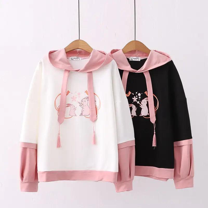 Cartoon Double Rabbit Print Hooded Student Hoodie Oversized Hoodie Comfort Casual