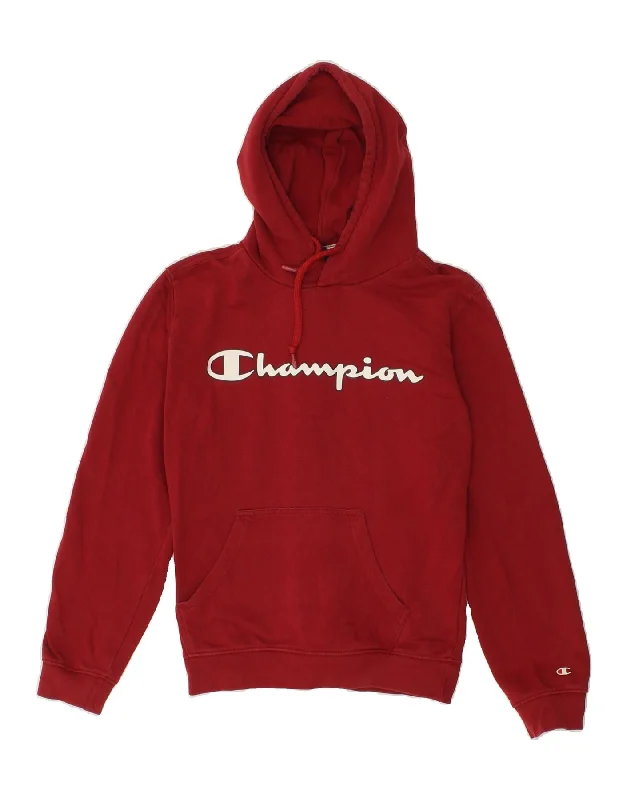 CHAMPION Mens Graphic Hoodie Jumper Small Red Cotton Hoodie with Back Slit Movement Comfort