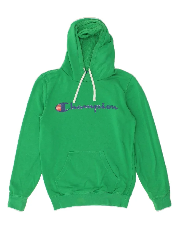 CHAMPION Mens Graphic Hoodie Jumper XS Green Cotton Hoodie with Hem Elastic Stretchable Comfortable