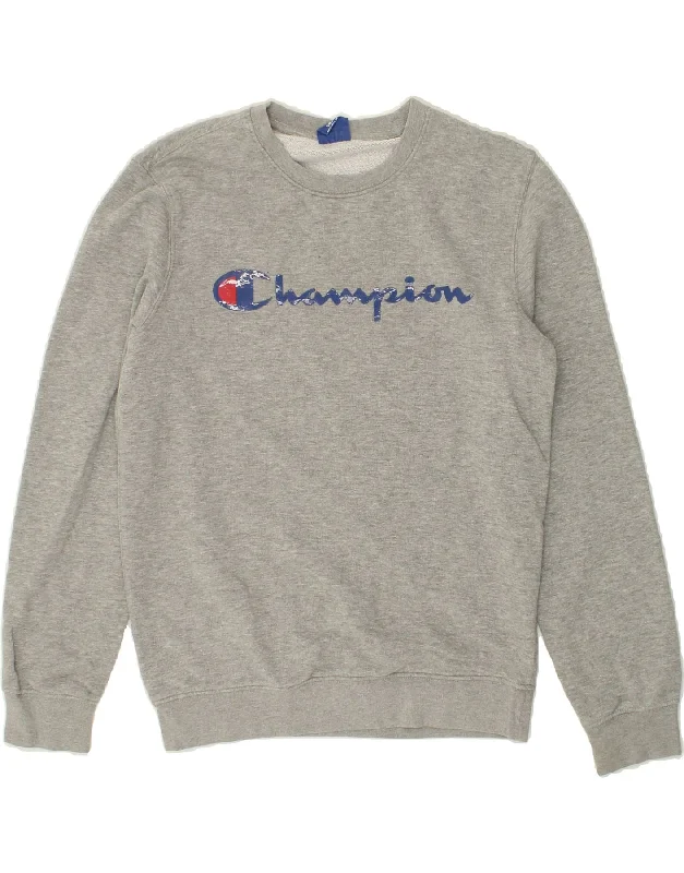 CHAMPION Mens Graphic Sweatshirt Jumper Small Grey Cotton Hoodie with Hem Applique Textured Unique