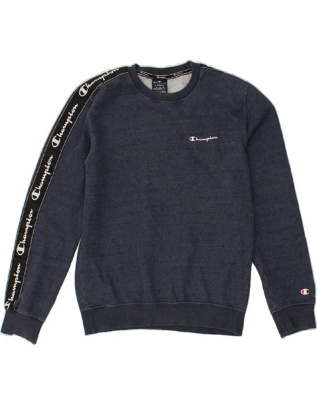 CHAMPION Mens Graphic Sweatshirt Jumper XS Navy Blue Cotton Hoodie with Turtle Neck Cozy Winter