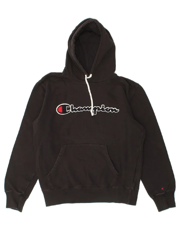 CHAMPION Womens Graphic Hoodie Jumper Large Black Cotton Hoodie with Toggle Buttons Decorative Unique