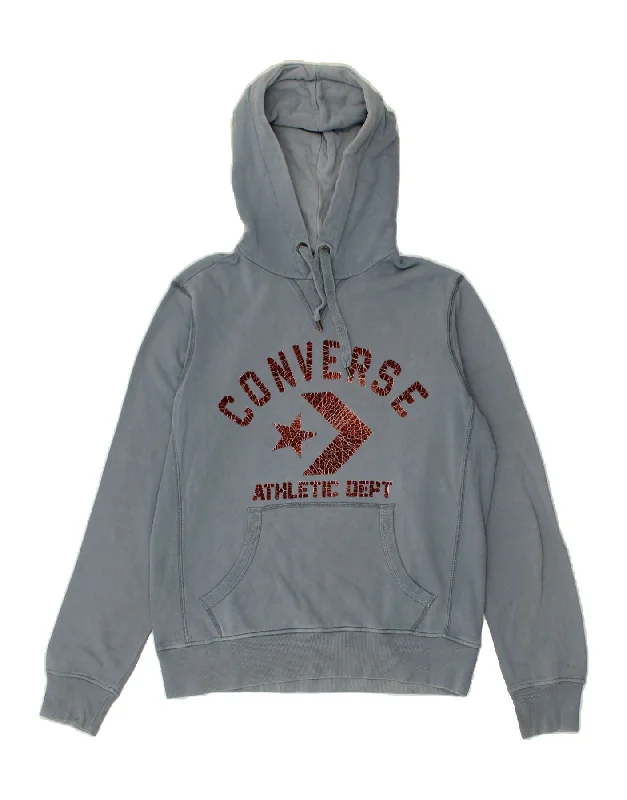 CONVERSE Mens Graphic Hoodie Jumper Small Blue Cotton Hoodie with Rolled Sleeves Casual Relaxed