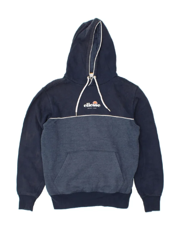 ELLESSE Mens Graphic Hoodie Jumper Small Navy Blue Colourblock Cotton Hoodie with Button Placket Classic Preppy