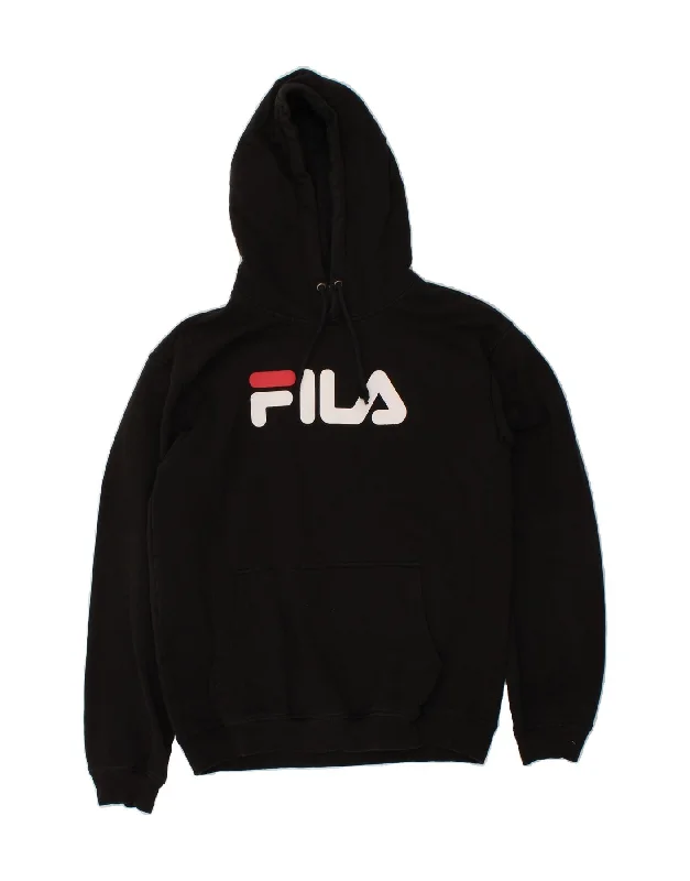 FILA Mens Graphic Hoodie Jumper Large Black Cotton Hoodie Crop Top Short Trendy