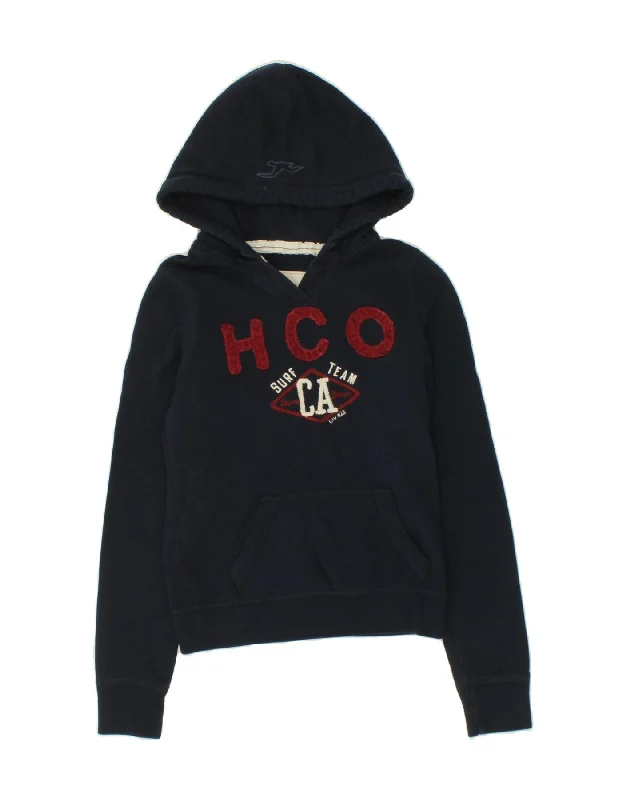 HOLLISTER Womens Graphic Hoodie Jumper UK 14 Medium Navy Blue Cotton Hoodie with Sequins Glamorous Eye-catching HOLLISTER Womens Graphic Hoodie Jumper UK 14 Medium Navy Blue Cotton Hoodie with Sequins Glamorous Eye-catching