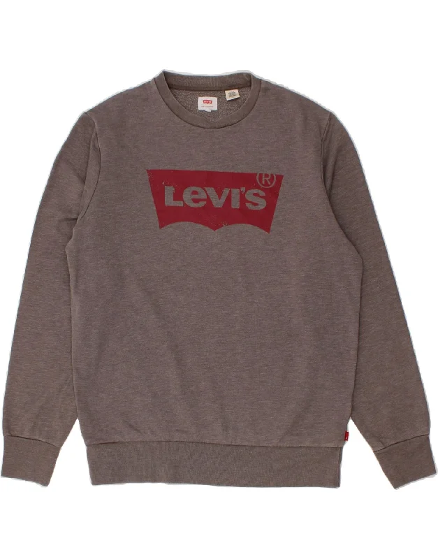 LEVI'S Mens Graphic Sweatshirt Jumper Large Grey Cotton Hoodie with Turtle Neck Cozy Winter