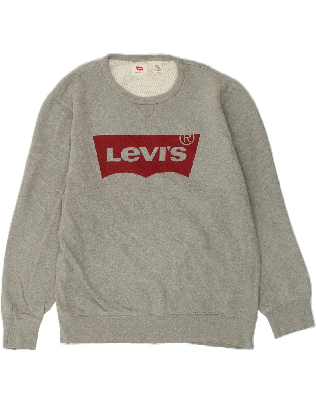 LEVI'S Mens Graphic Sweatshirt Jumper Large Grey Hoodie with Patch Decorative Personalized