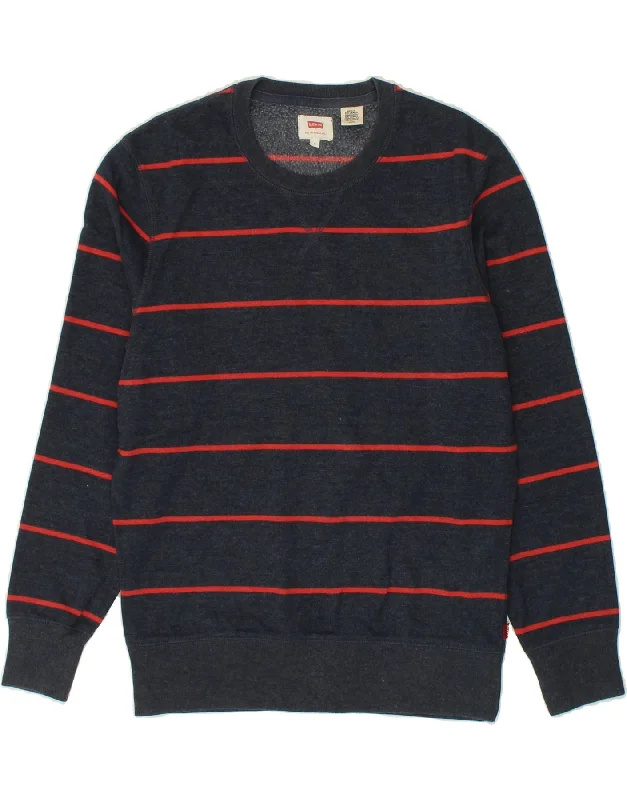 LEVI'S Mens Sweatshirt Jumper Small Navy Blue Striped Cotton Hoodie with Fur Luxurious Winter