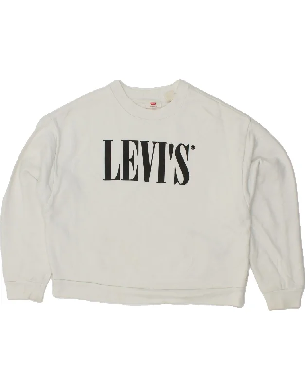 LEVI'S Womens Oversized Crop Graphic Sweatshirt Jumper UK 10 Small White Hoodie with Fur Luxurious Winter