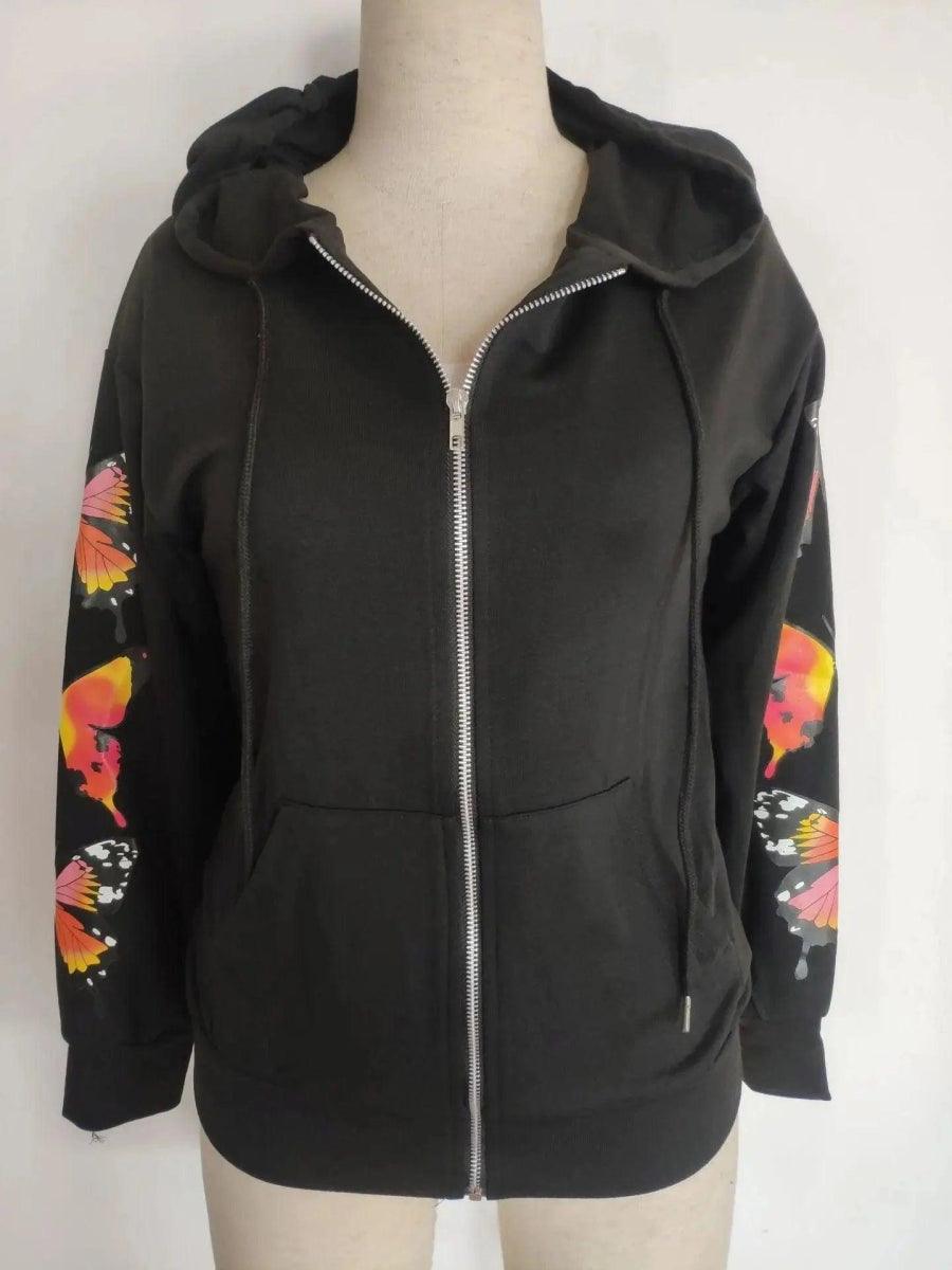 Printed Color Big Butterfly Casual Hooded Sweatshirt Hoodie with Elastic Cuffs Stretchable Comfortable