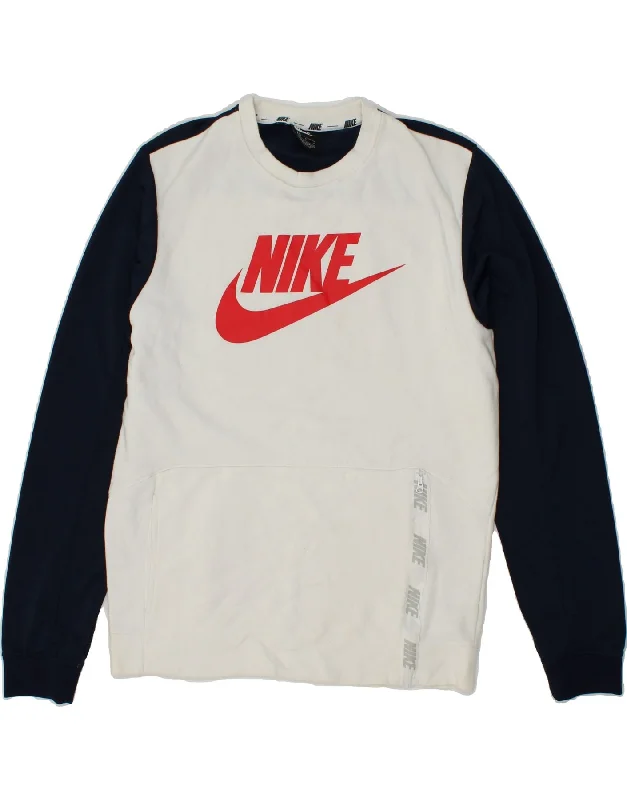 NIKE Mens Graphic Sweatshirt Jumper Medium White Colourblock Cotton Hoodie with Rhinestones Sparkly Elegant