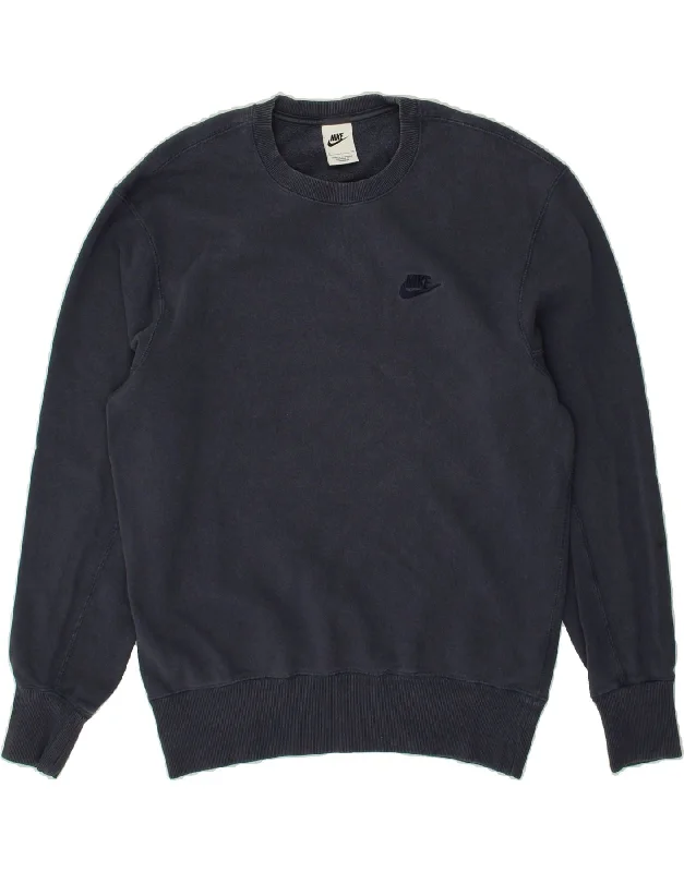 NIKE Mens Sweatshirt Jumper Small Navy Blue Cotton Hoodie with Frayed Bohemian Relaxed