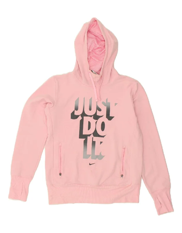 NIKE Womens Dri Fit Graphic Hoodie Jumper UK 16 Large Pink Cotton Hoodie with Distressed Vintage Worn NIKE Womens Dri Fit Graphic Hoodie Jumper UK 16 Large Pink Cotton Hoodie with Distressed Vintage Worn
