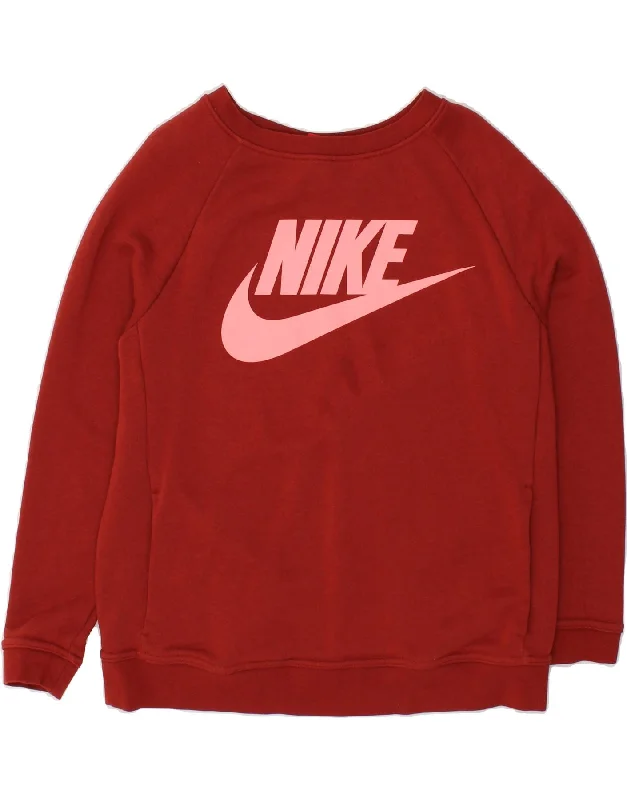 NIKE Womens Graphic Sweatshirt Jumper UK 14 Medium Red Cotton Hoodie with Typography Text Message