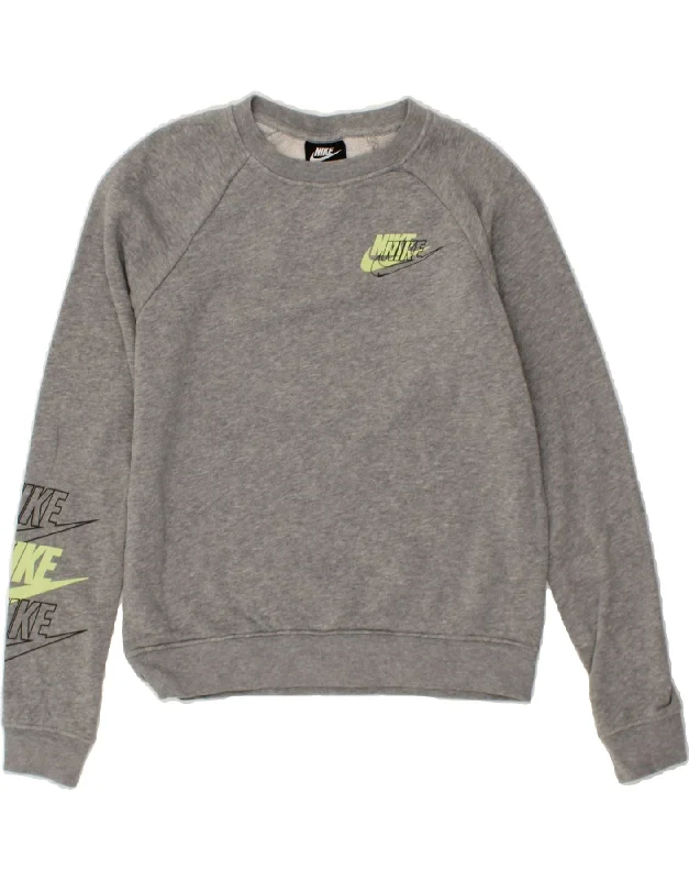 NIKE Womens Graphic Sweatshirt Jumper UK 6 XS Grey Cotton Hoodie with Relaxed Fit Easy Casual