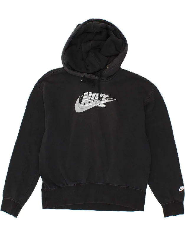 NIKE Womens Oversized Graphic Hoodie Jumper UK 6 XS Black Cotton Hoodie with Color Block Contrast Stylish