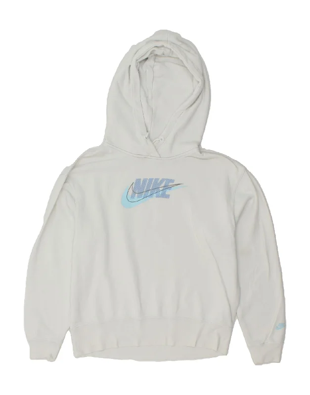 NIKE Womens Oversized Graphic Hoodie Jumper UK 6 XS White Cotton Hoodie with Thumb Holes Functional Cozy