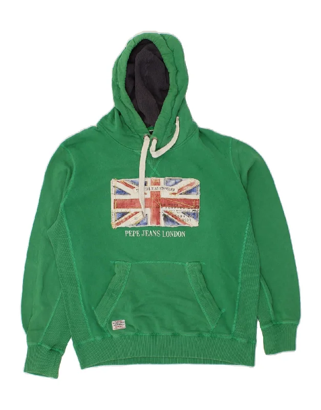 PEPE JEANS Mens Regular Fit Graphic Hoodie Jumper Large Green Cotton Hoodie with Hem Embroidery Detailed Premium