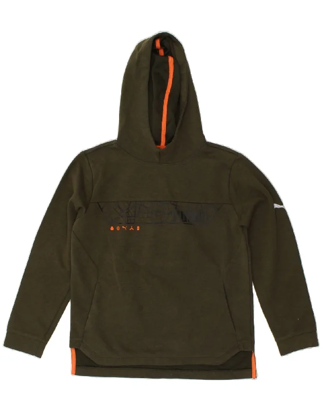 PUMA Boys Graphic Hoodie Jumper 11-12 Years Khaki Polyester Hoodie with Raglan Sleeves Sporty Comfortable PUMA Boys Graphic Hoodie Jumper 11-12 Years Khaki Polyester Hoodie with Raglan Sleeves Sporty Comfortable