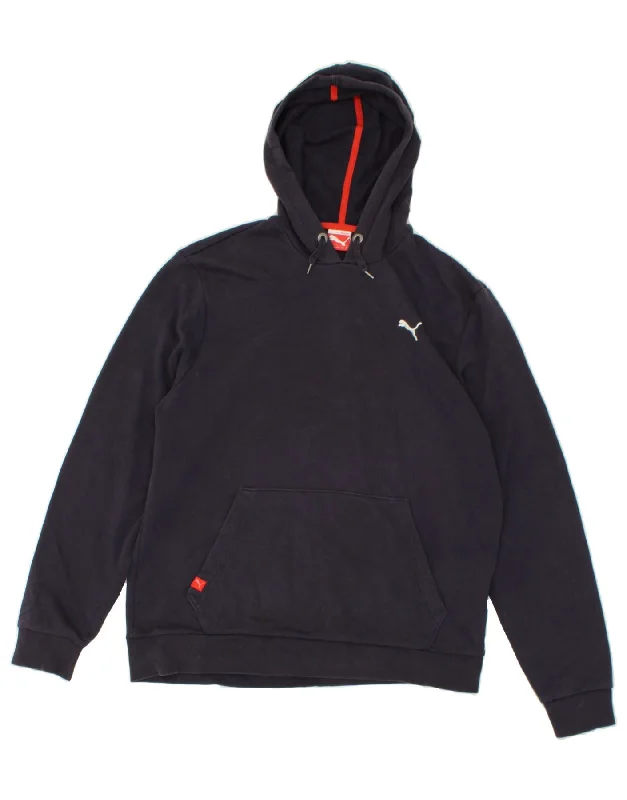 PUMA Mens Hoodie Jumper XL  Navy Blue Cotton Hoodie with Hem Raw Edge Edgy Unfinished