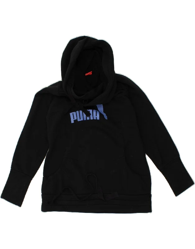 PUMA Womens Graphic Hoodie Jumper UK 8 Small  Black Hoodie with Rolled Sleeves Casual Relaxed