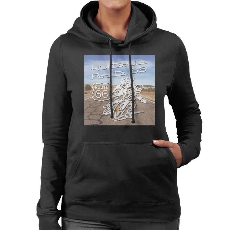 Route 66 Historic Motorcycles Women's Hooded Sweatshirt Hoodie with Hem Embroidery Detailed Premium Route 66 Historic Motorcycles Women's Hooded Sweatshirt Hoodie with Hem Embroidery Detailed Premium
