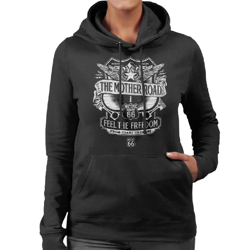 Route 66 Mother Road Crest Women's Hooded Sweatshirt Hoodie with Rhinestones Sparkly Elegant Route 66 Mother Road Crest Women's Hooded Sweatshirt Hoodie with Rhinestones Sparkly Elegant