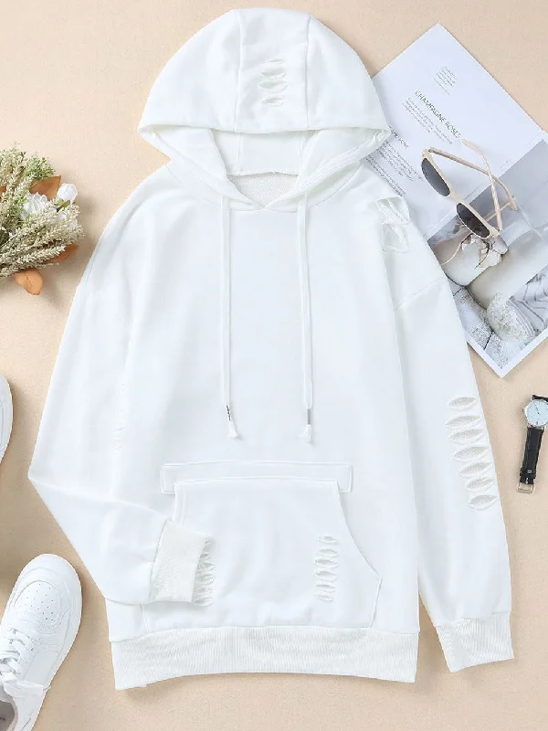 Stylish Pocket Hoodie with Distressed Detailing Hoodie Dress Longline Feminine