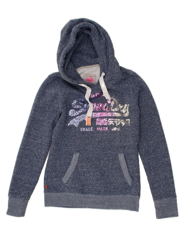 SUPERDRY Womens Graphic Hoodie Jumper UK 10 Small Navy Blue Flecked Cotton Hoodie with Batwing Sleeves Loose Dramatic