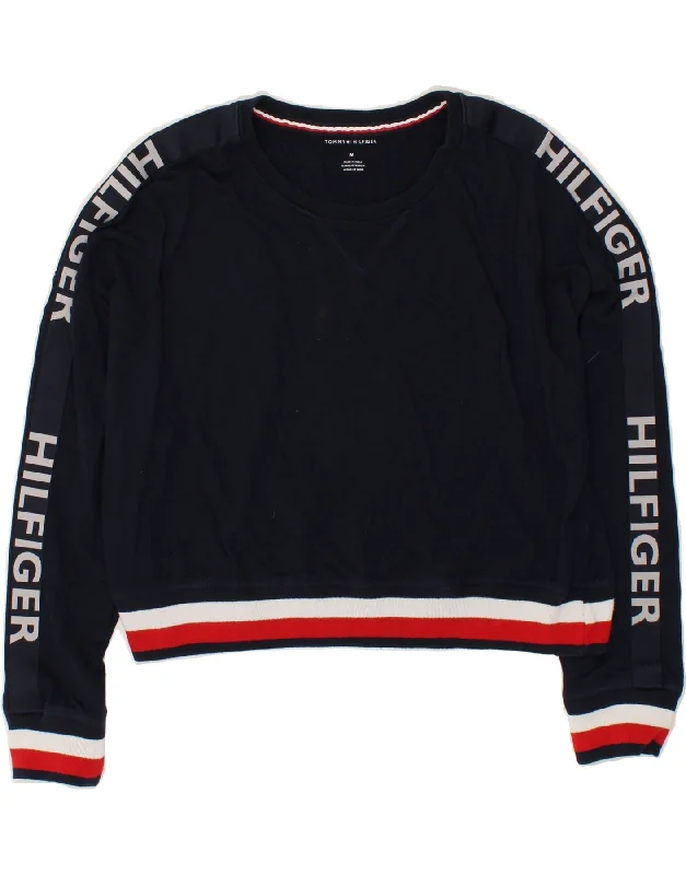 TOMMY HILFIGER Womens Graphic Sweatshirt Jumper UK 14 Medium Navy Blue Hoodie with Drawcord Adjustable Secure