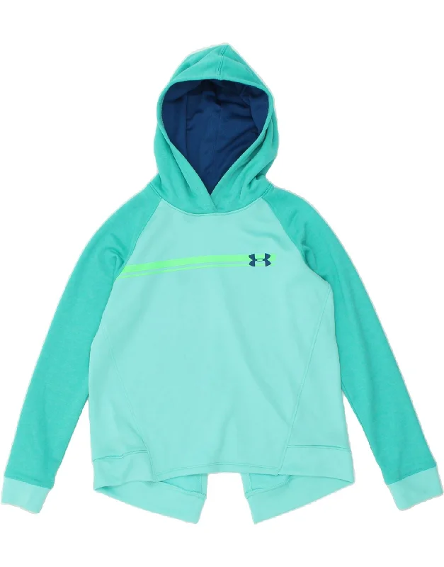 UNDER ARMOUR Girls Hoodie Jumper 12-13 Years Large Blue Colourblock Hoodie with Patch Decorative Personalized