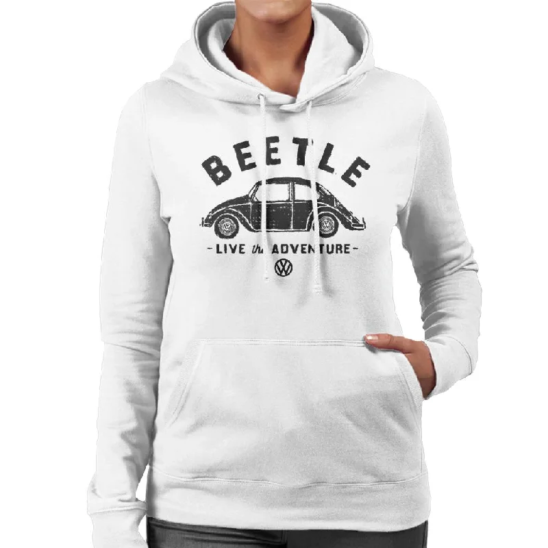 Volkswagen Beetle Black Live The Adventure Retro Slogan Women's Hooded Sweatshirt Hoodie with Full-Zip Functional Layering Volkswagen Beetle Black Live The Adventure Retro Slogan Women's Hooded Sweatshirt Hoodie with Full-Zip Functional Layering