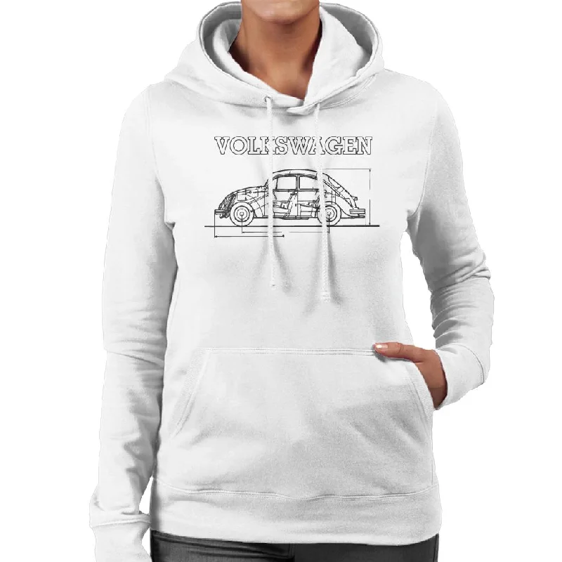Volkswagen Beetle Black Technical Schematic Women's Hooded Sweatshirt Hoodie with Hem Elastic Stretchable Comfortable Volkswagen Beetle Black Technical Schematic Women's Hooded Sweatshirt Hoodie with Hem Elastic Stretchable Comfortable