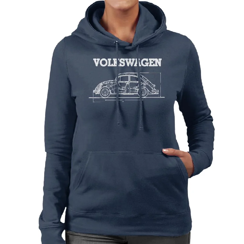 Volkswagen Beetle White Schematic Technical Outline Women's Hooded Sweatshirt Hoodie with Back Slit Movement Comfort Volkswagen Beetle White Schematic Technical Outline Women's Hooded Sweatshirt Hoodie with Back Slit Movement Comfort