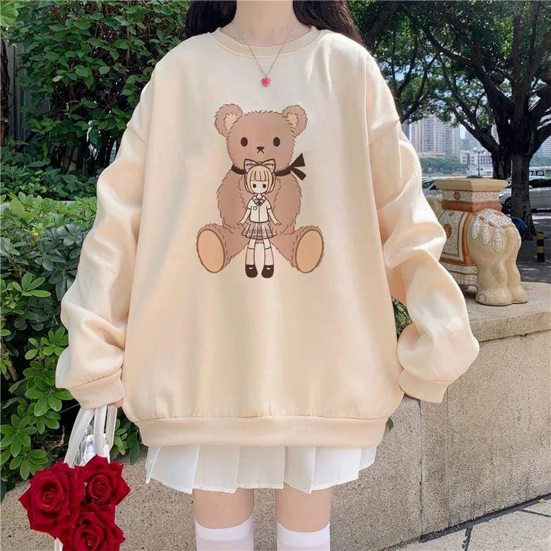 Women's Cute Bear Printed Loose Sweatshirt Hoodie with Hem Applique Textured Unique