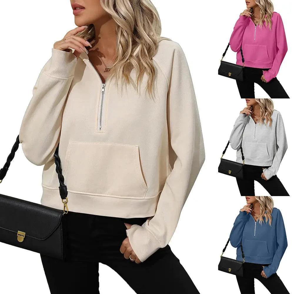 Women's Half Zip Pullover Hooded Sweatshirt Fleece Short Chic Sweatshirt Hoodie with Hem Detail Decorative Unique