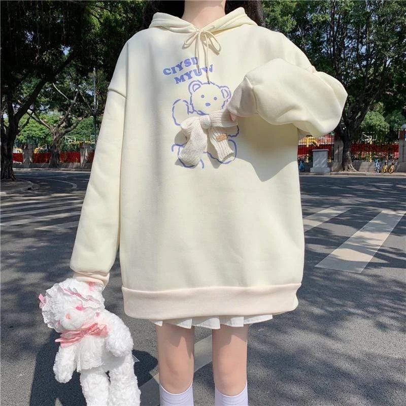 Women's Kawaii Bear Printed Bowknot Hoodies Hoodie with Zipper Versatile Modern