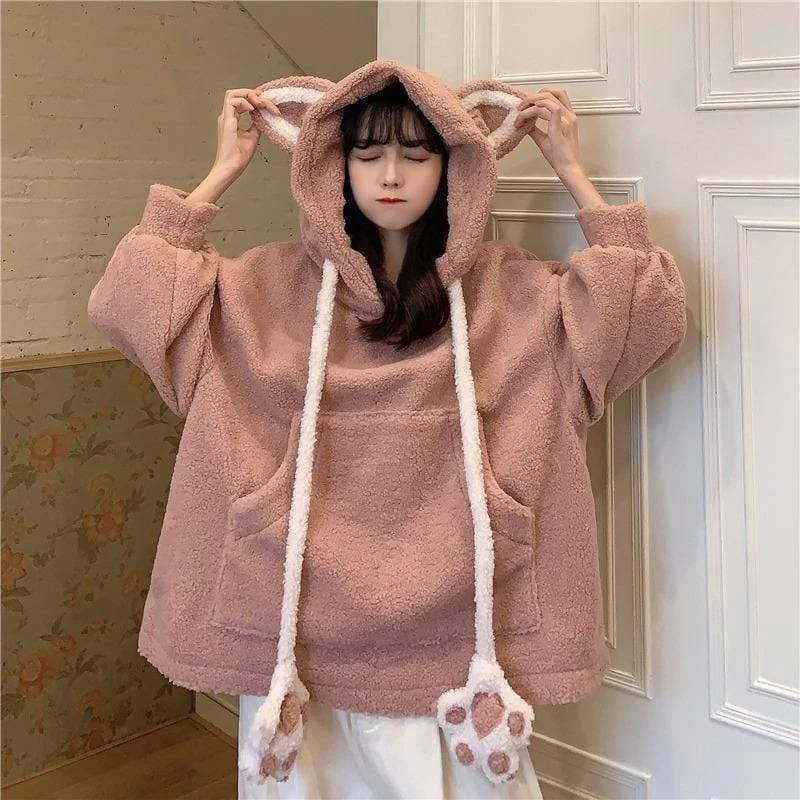 Women's Kawaii Bear's Ear Sherpa Hoodies Hoodie with Cropped Fit Short Trendy