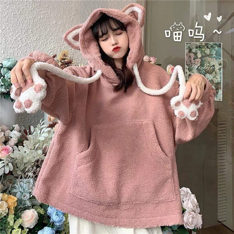 Women's Kawaii Bear's Ears Sherpa Loose Hoodies Hoodie with Stripes Bold Sporty