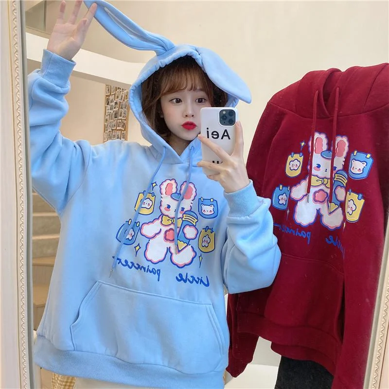 Women's Kawaii Bunny Bear Cloudy Hoodies With Rabbit Ear Hood Hoodie with Toggle Buttons Decorative Unique