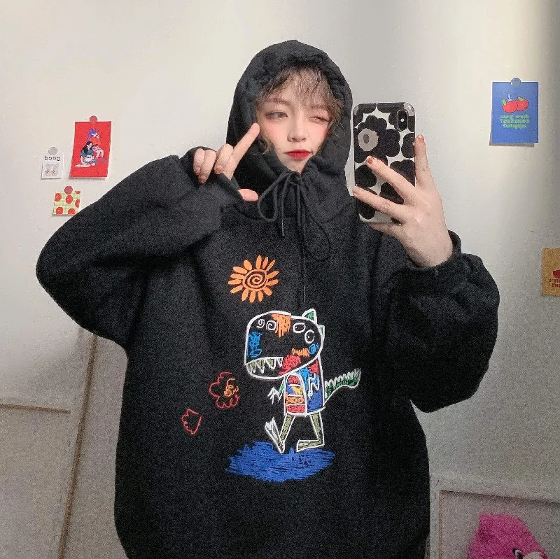 Women's Kawaii Cartoon Printed Loose Hoodies Hoodie with Ribbed Hem Stretchable Secure