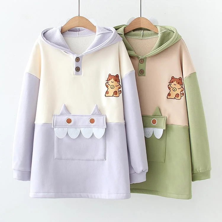 Women's Kawaii Cat Contrast Color Hoodies With Cute Monster Pocket Hoodie with Typography Text Message