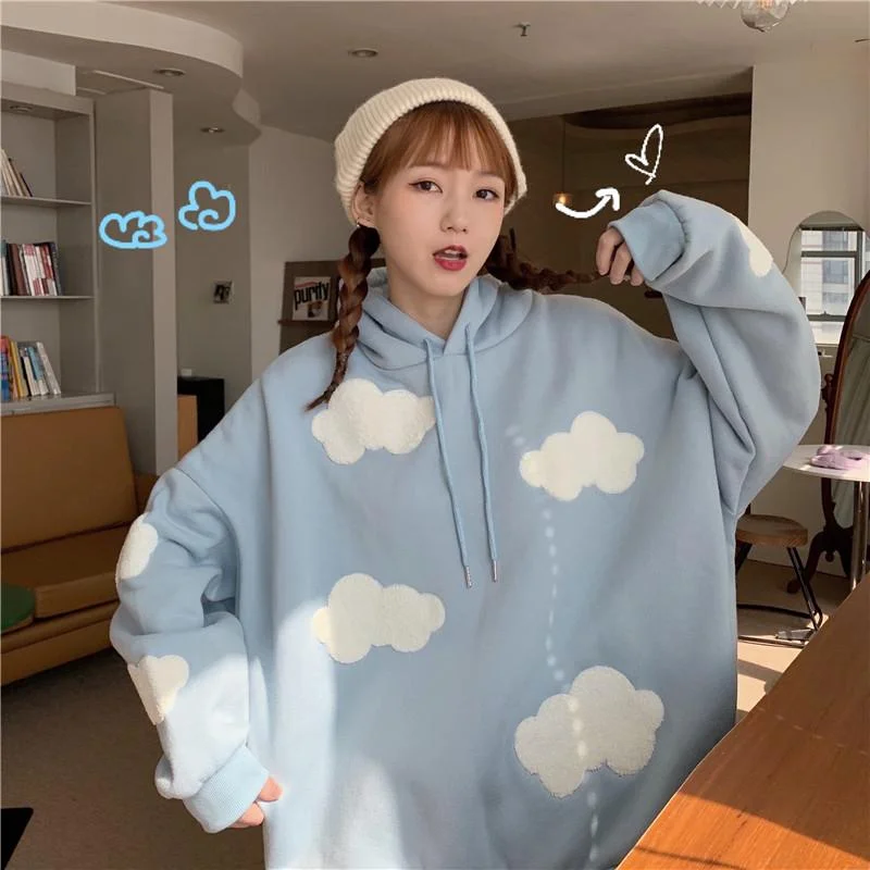 Women's Kawaii Cloud Splice Hoodies Hoodie with High Neck Warm Protective