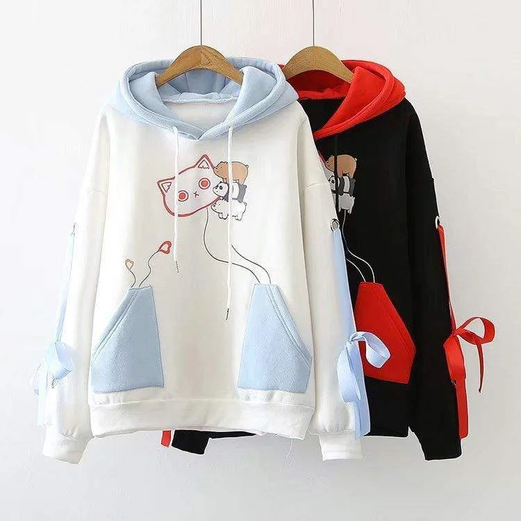 Women's Kawaii Contrast Color Cat And Bears Lace-up Sleeve Hoodies Hoodie with Ribbed Cuffs Snug Fit Comfort